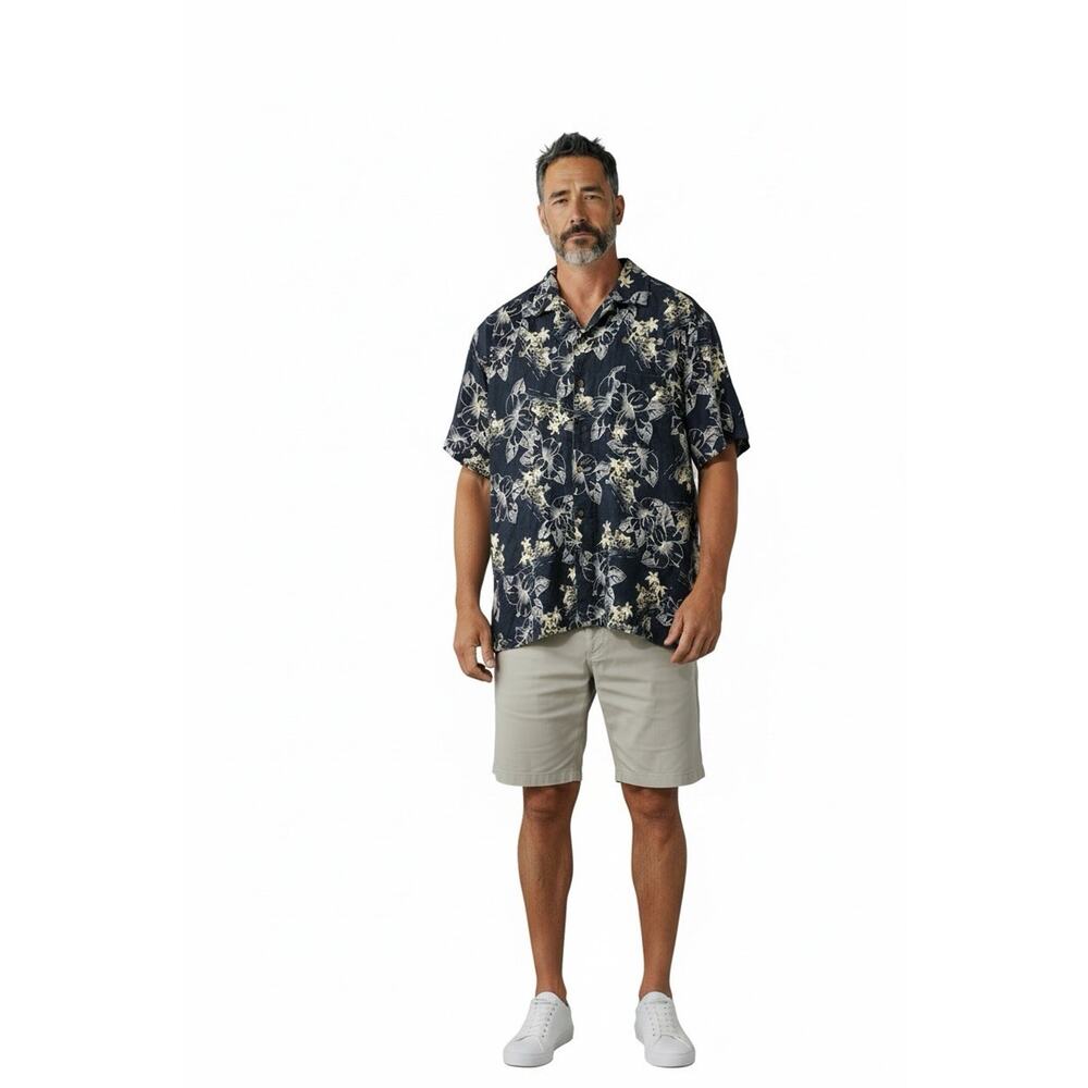 Island Shores Men’s Hawaiian shirt XL Short‎ Sleeve Linen blend Blue White